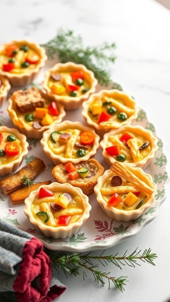 A platter of mini quiches filled with colorful seasonal vegetables, perfect for Thanksgiving appetizers.