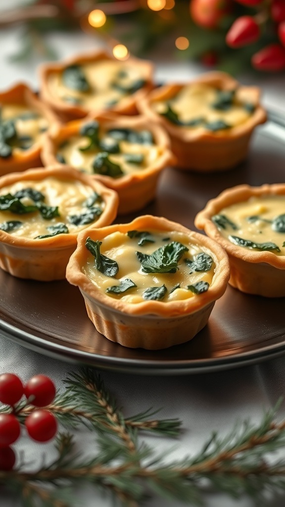 A platter of mini quiches filled with spinach and cheese, garnished with festive decorations.