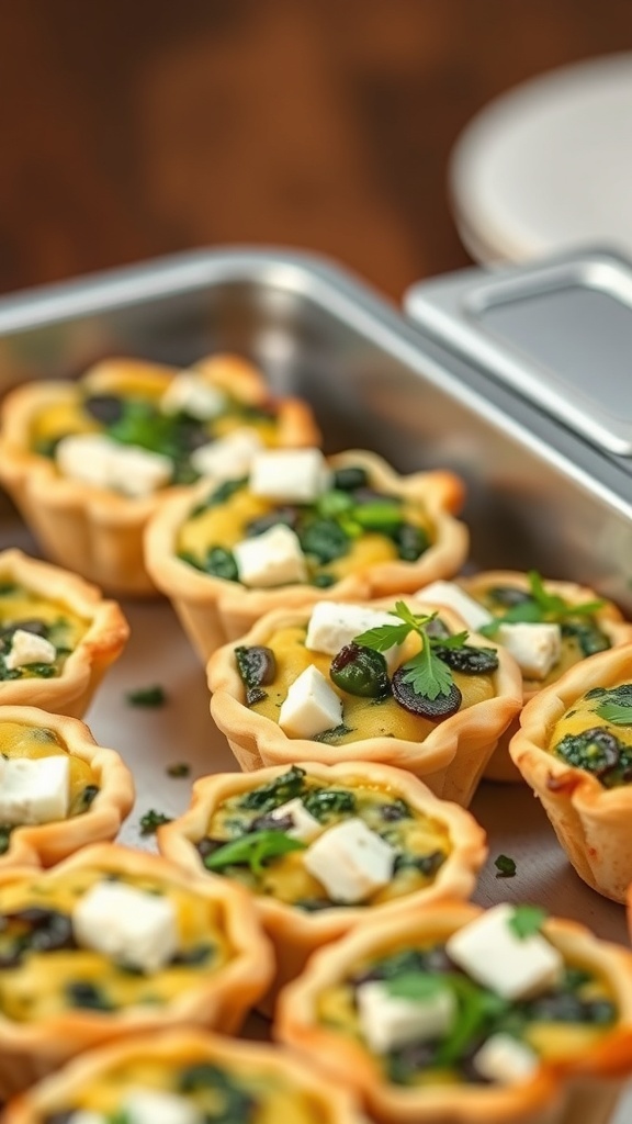 A tray of mini quiches filled with spinach and feta cheese, ready to be served at a festive gathering.