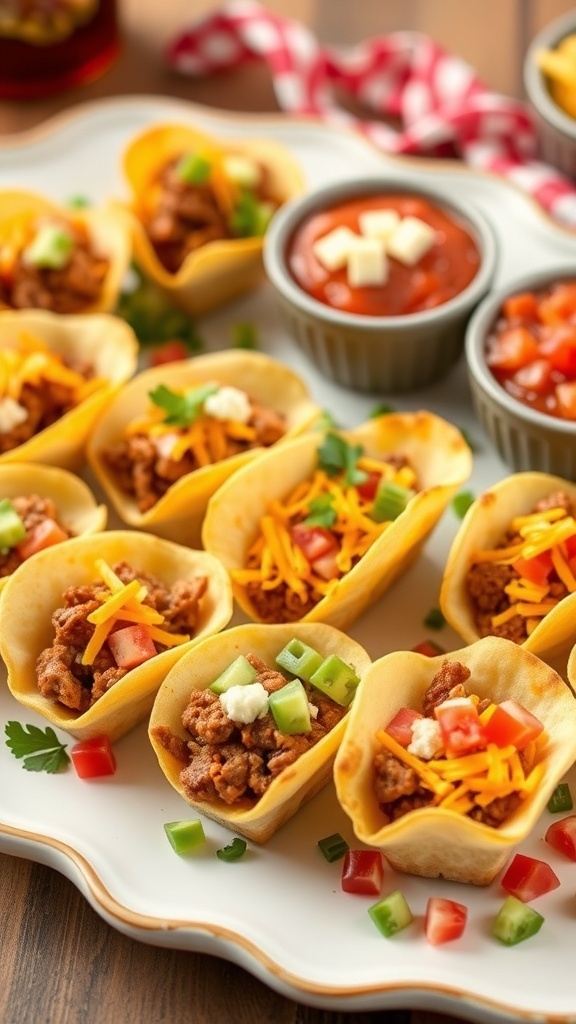 Mini taco cups filled with seasoned meat, cheese, and fresh toppings on a platter.