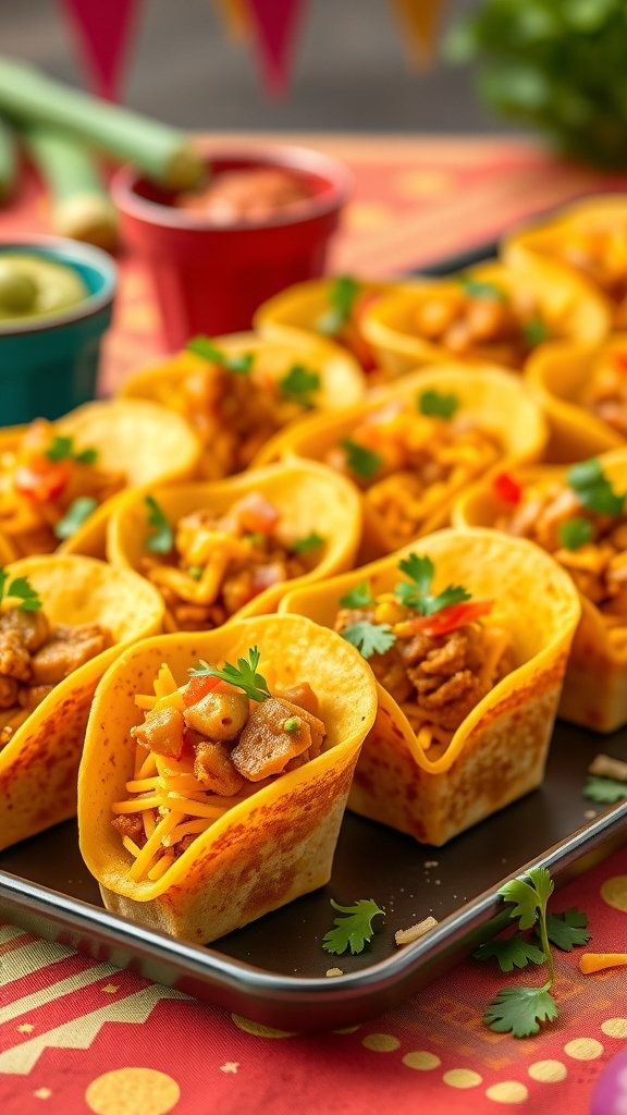 Mini taco cups filled with seasoned meat, cheese, and fresh toppings, arranged on a platter.