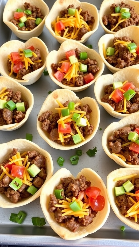 Mini taco cups filled with seasoned meat, cheese, and fresh toppings.