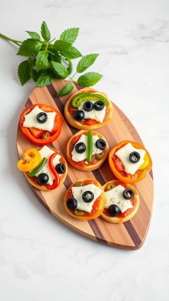 Mini veggie pizzas on a wooden platter, topped with colorful vegetables.