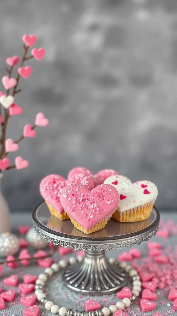 Miniature heart-shaped cakes decorated with fondant and heart-shaped sprinkles on a cake stand.