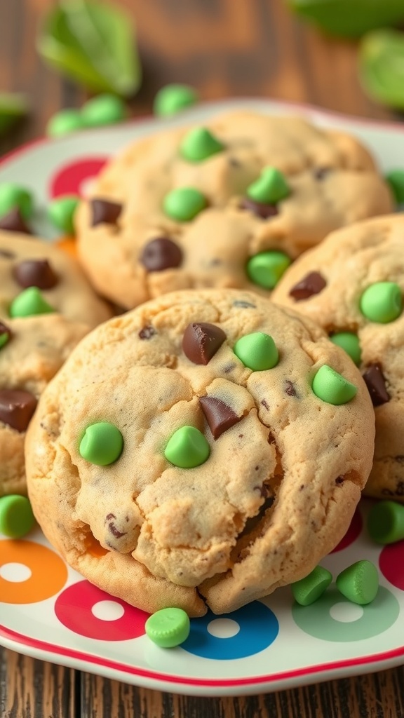 A plate of mint chocolate chip cookies with green mint chips and chocolate chunks