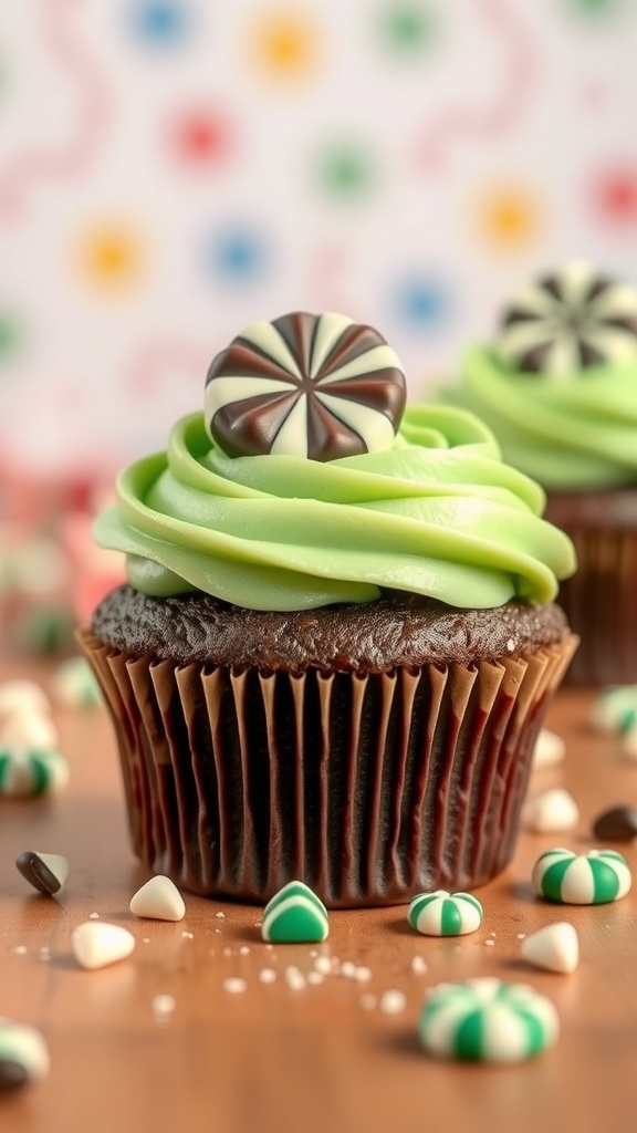 Mint Chocolate Kiss cupcakes with green frosting and chocolate mint candies on top.