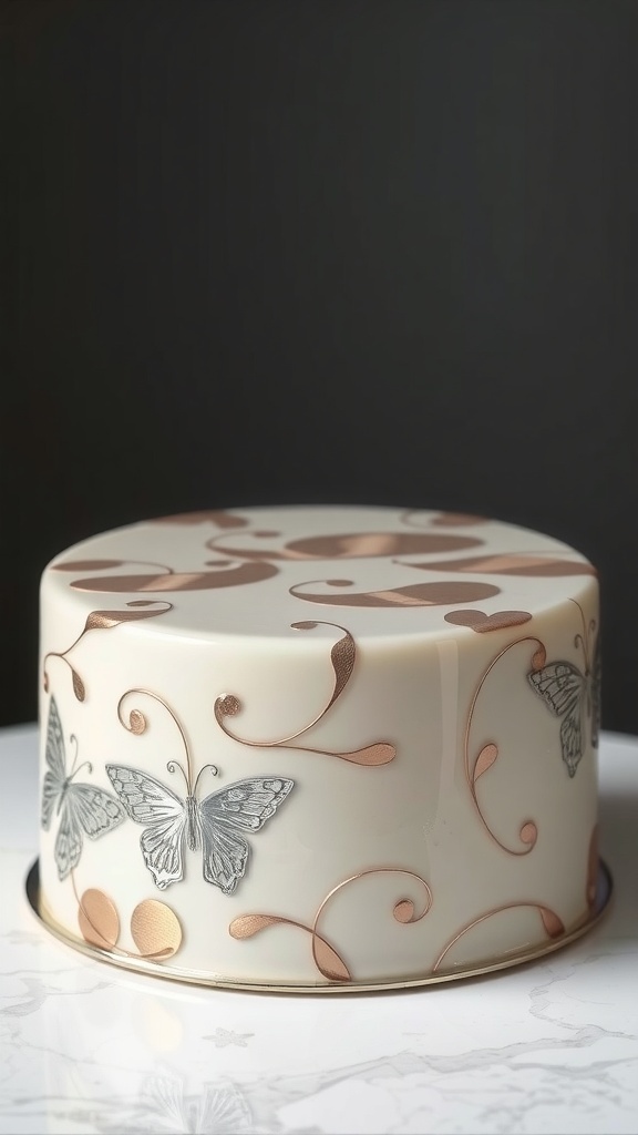 A beautifully decorated mirror glaze cake with intricate designs and a shiny surface.