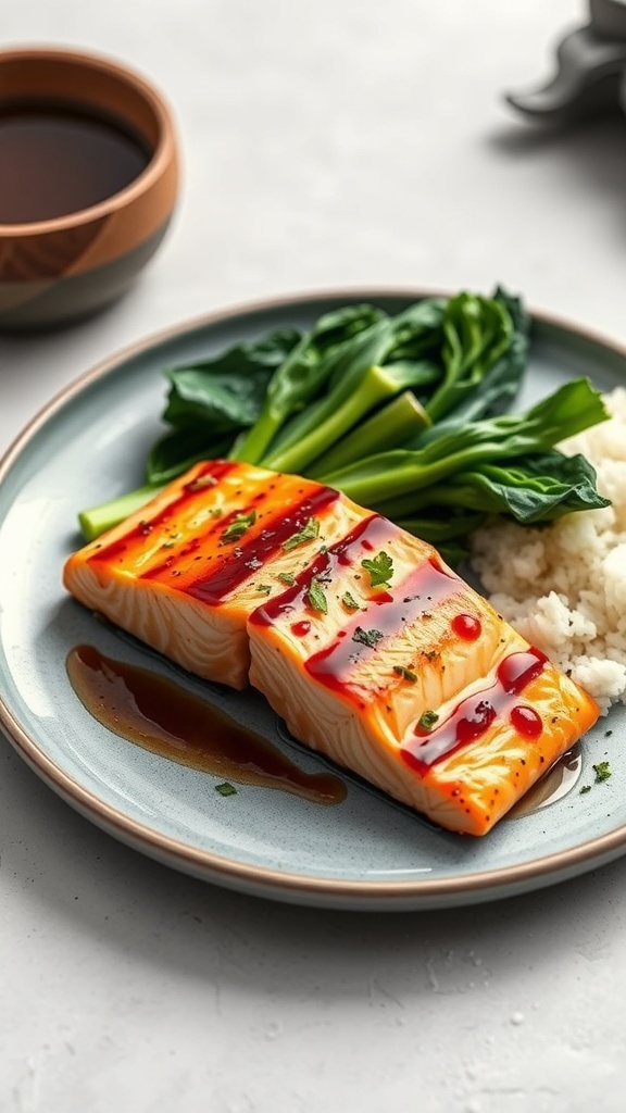 A plate of miso glazed salmon served with rice and greens.
