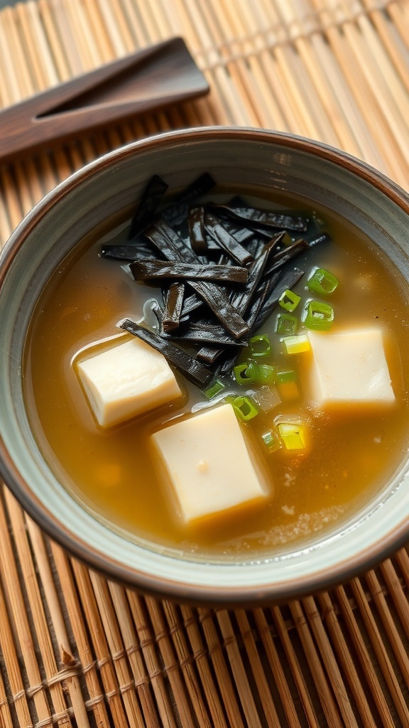 A bowl of miso soup with tofu and seaweed on a bamboo mat.
