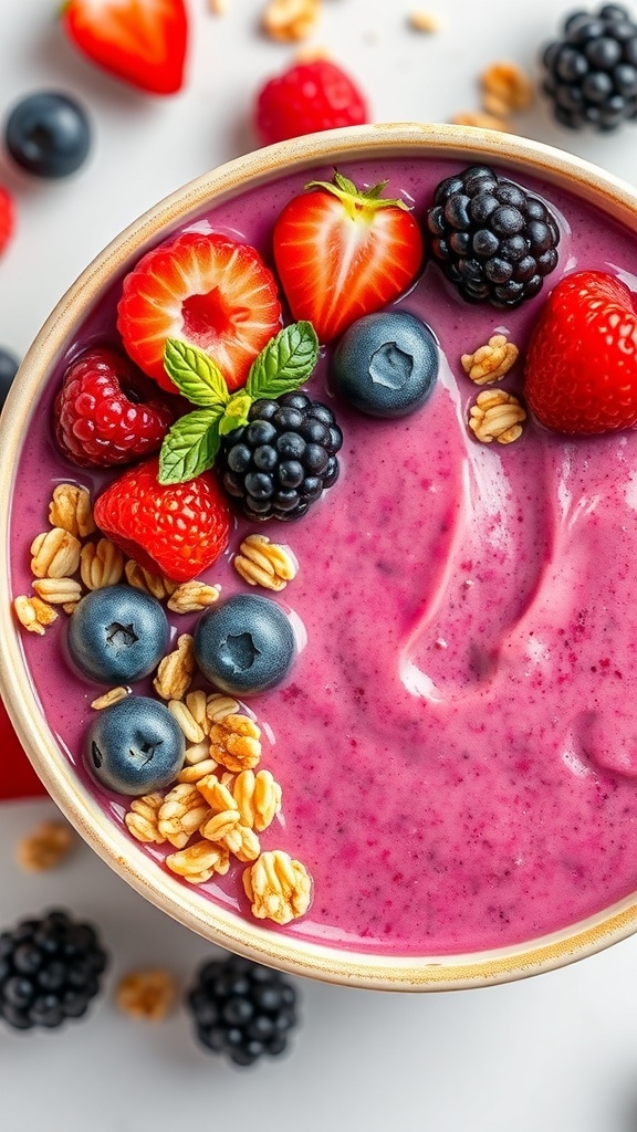 A bowl of mixed berry smoothie topped with fresh berries and granola.