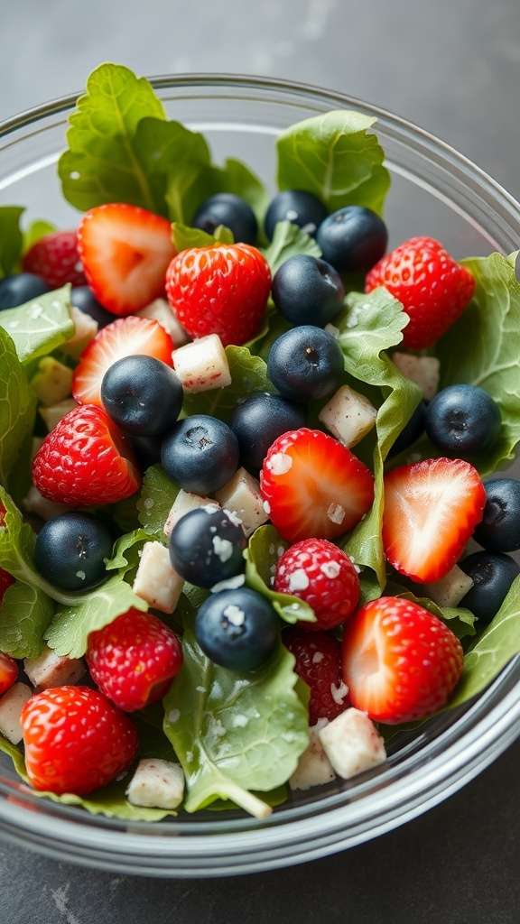 A bowl of mixed greens salad with strawberries, blueberries, and feta cheese.