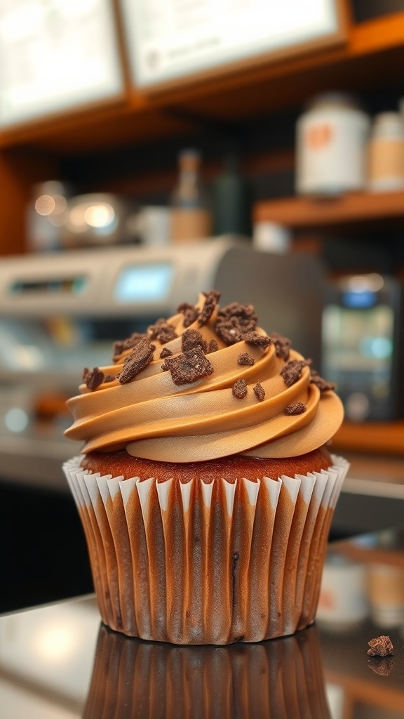 Mocha Coffee Crunch cupcake with chocolate sprinkles on top