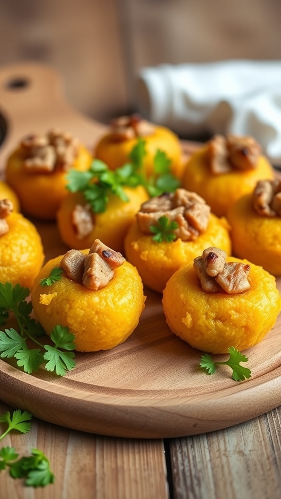 A wooden platter with yellow mofongo bites topped with meat and garnished with cilantro.