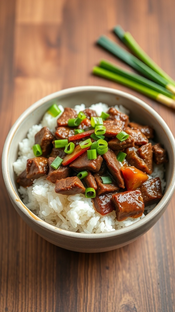 A bowl of Mongolian beef served over rice, topped with green onions.