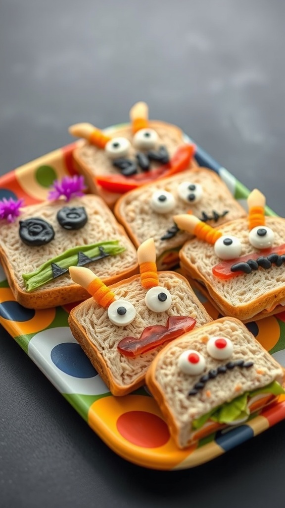 A colorful platter of monster face sandwiches, featuring various silly faces made from bread, vegetables, and cheese.