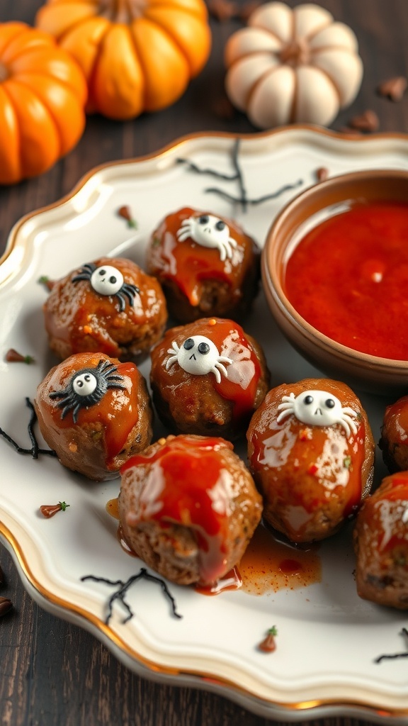 A plate of Monster Mash Meatballs with spider decorations and dipping sauce, surrounded by pumpkins.