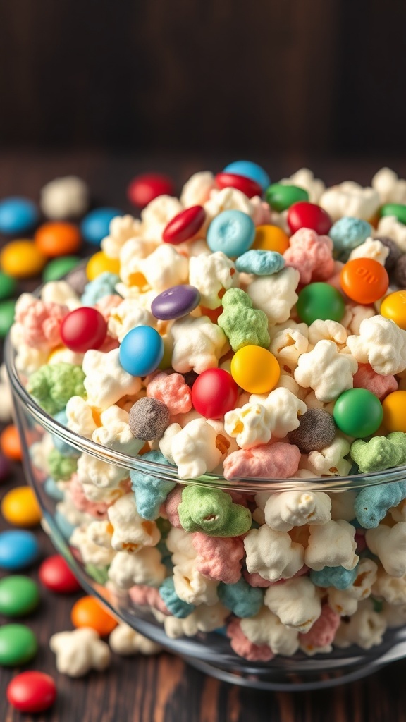 A bowl filled with colorful popcorn and candy, perfect for Halloween treats.