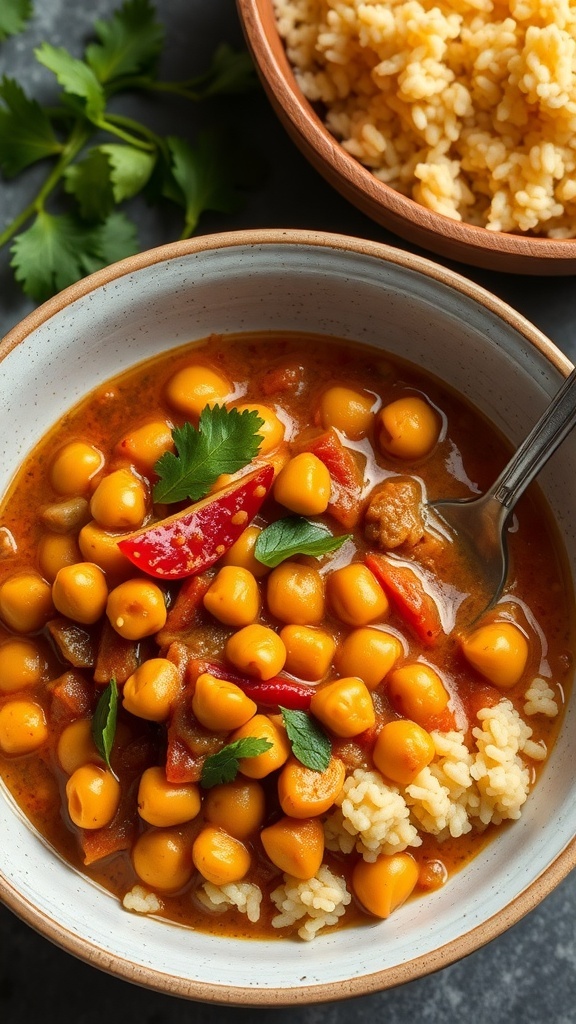 A bowl of Moroccan Chickpea Stew with chickpeas, tomatoes, and herbs served with grains.