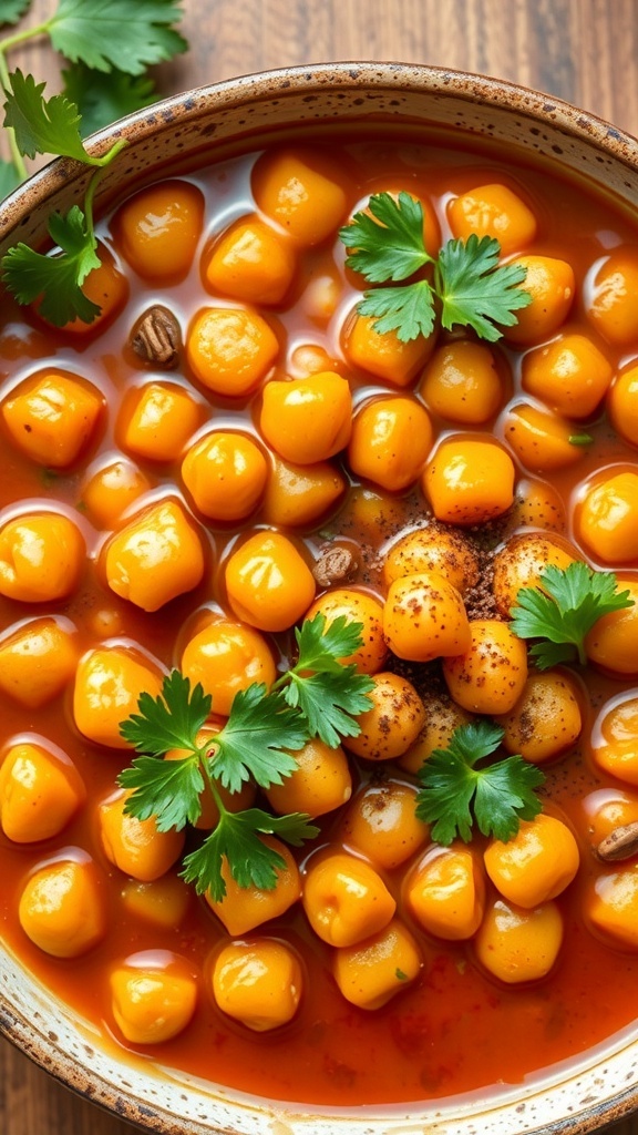 A bowl of Moroccan Chickpea Stew garnished with cilantro, with chickpeas and spices visible.