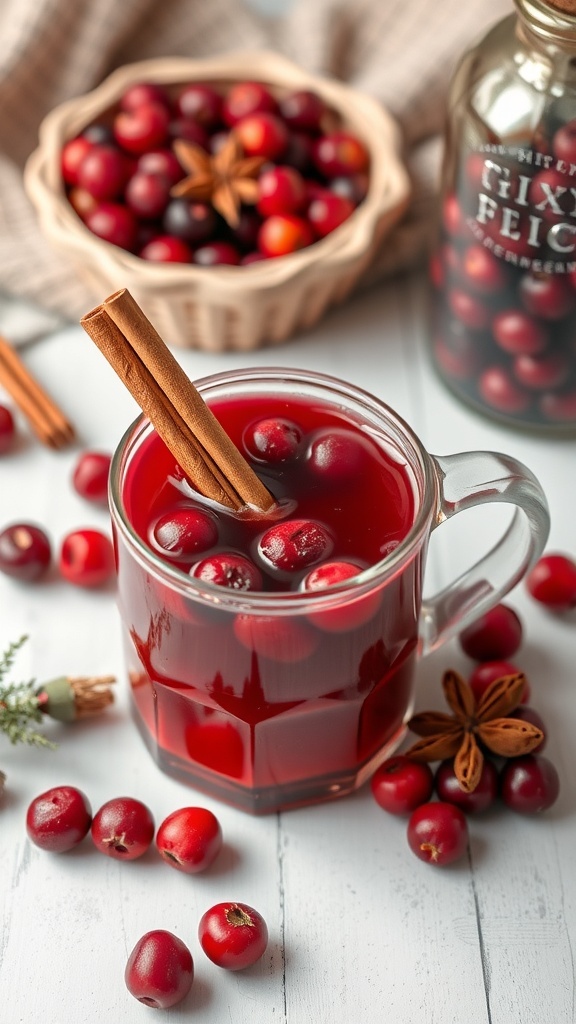 A warm Mulled Cranberry Mocktail with cinnamon sticks and cranberries, surrounded by festive decorations.