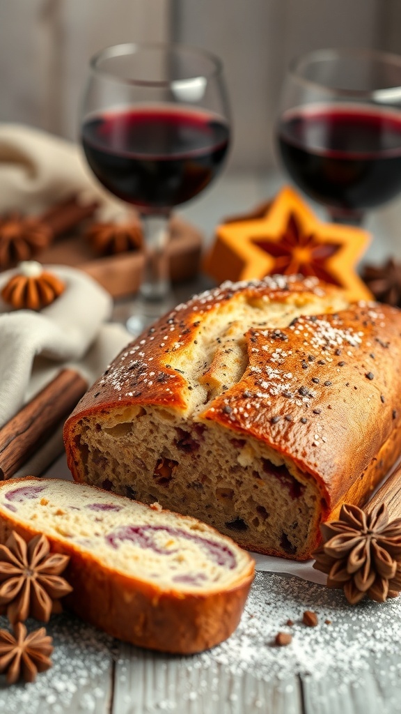 A loaf of mulled wine bread sliced open, surrounded by glasses of red wine, cinnamon sticks, and star anise.