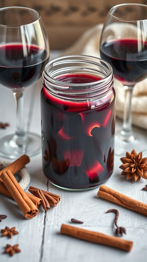 A jar of mulled wine jam surrounded by cinnamon sticks and star anise.