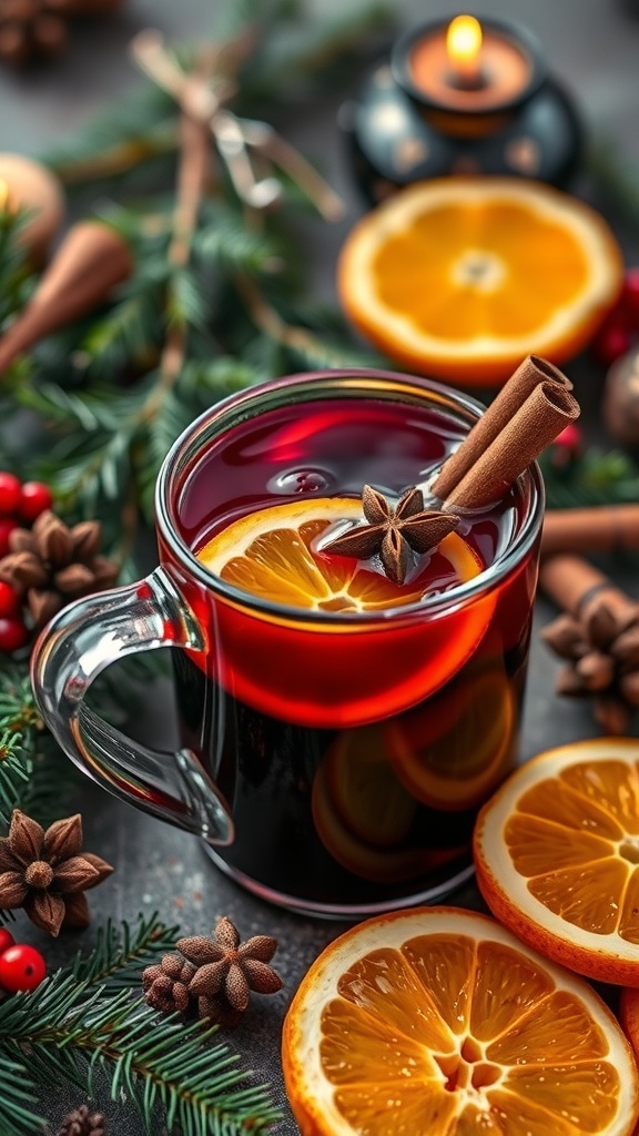 A cozy mug of mulled wine with spices, garnished with orange slices and cinnamon sticks, surrounded by festive decorations.
