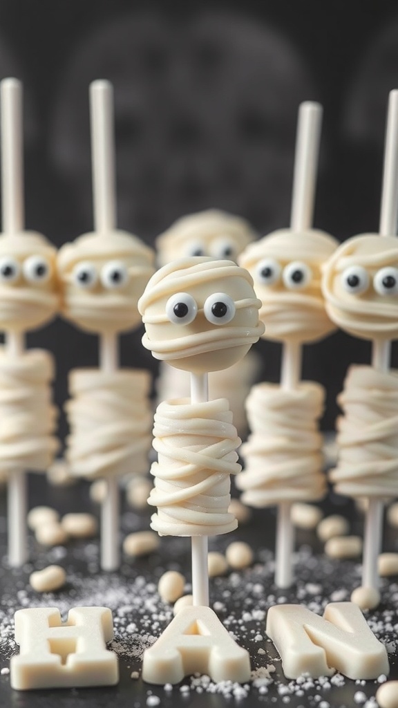 A display of mummy cake pops with candy eyes and white chocolate coating.
