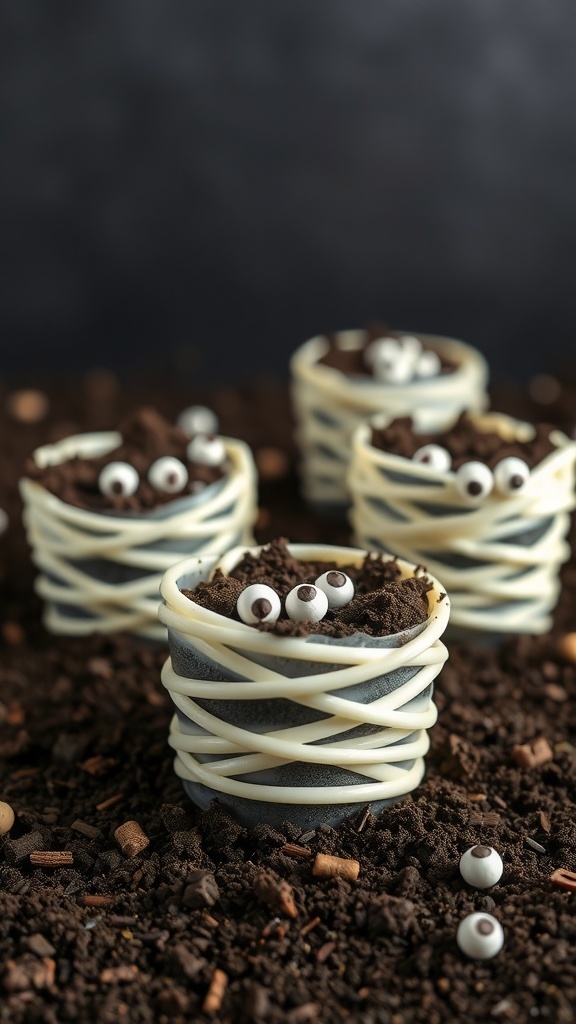 Mummy dirt cups made with chocolate pudding, crushed Oreos, and white chocolate bandages, featuring candy eyes.