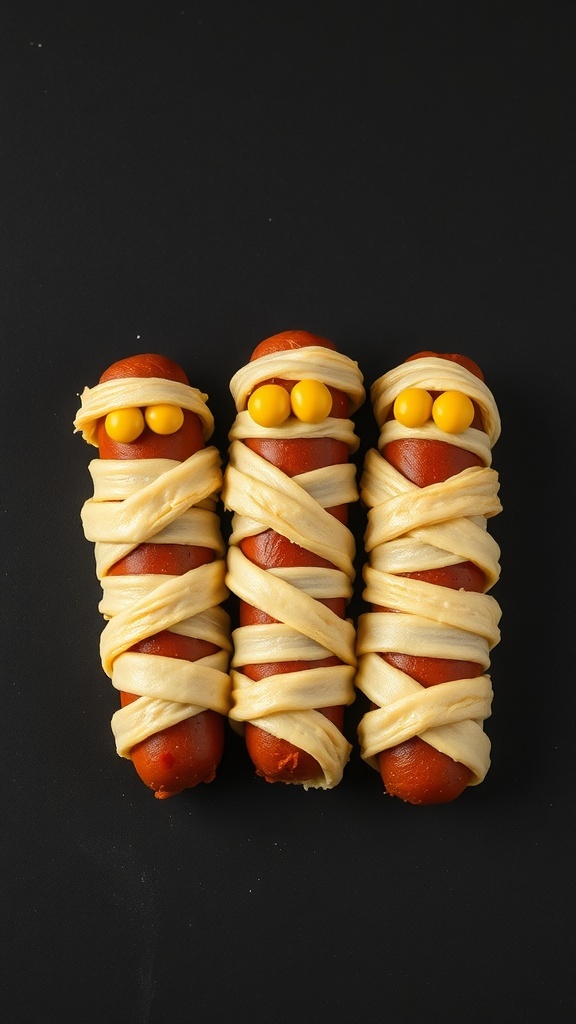 Three mummy hot dogs wrapped in dough with yellow eyes