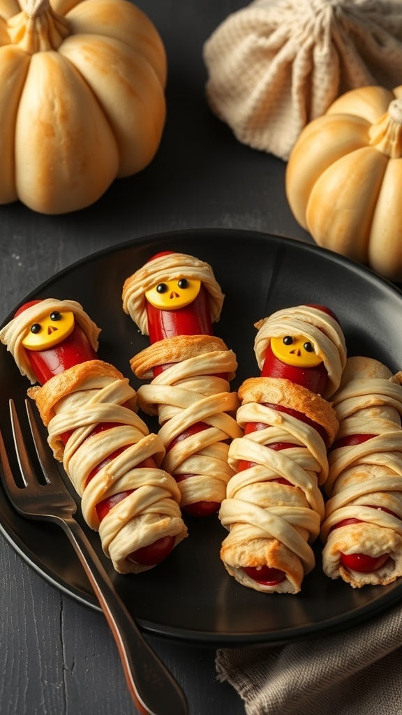 A plate of mummy hot dogs wrapped in dough with smiling eyes, surrounded by pumpkins.
