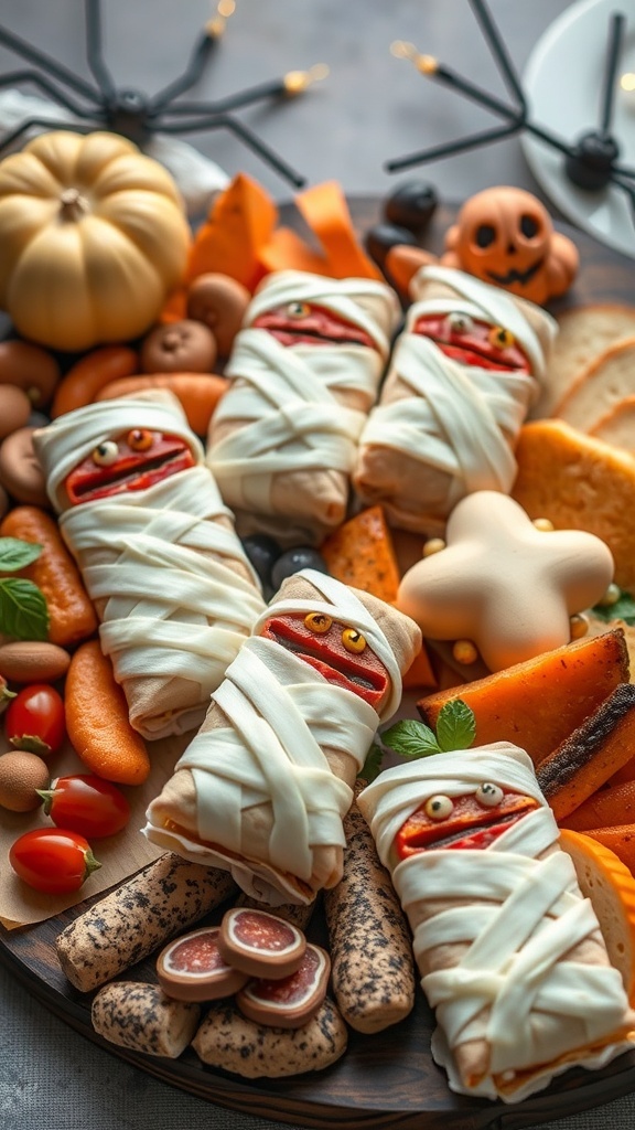 A Halloween charcuterie board featuring mummy wraps made from tortillas, cheese, and eyes, surrounded by various snacks.