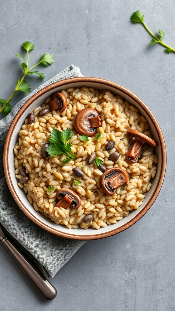 A bowl of Mushroom and Barley Risotto topped with mushrooms and herbs.