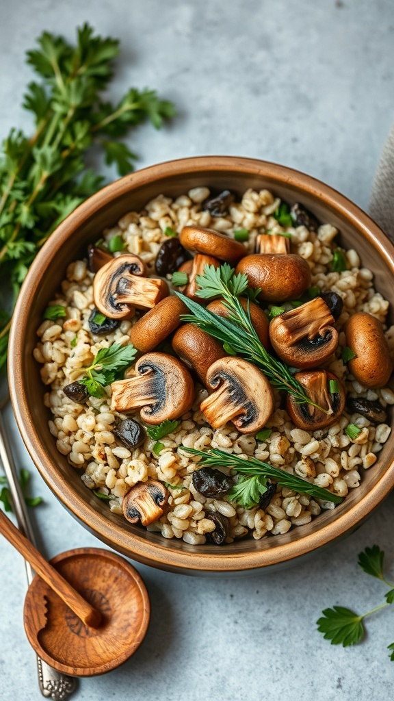 A bowl of mushroom and barley salad with fresh herbs and mushrooms.
