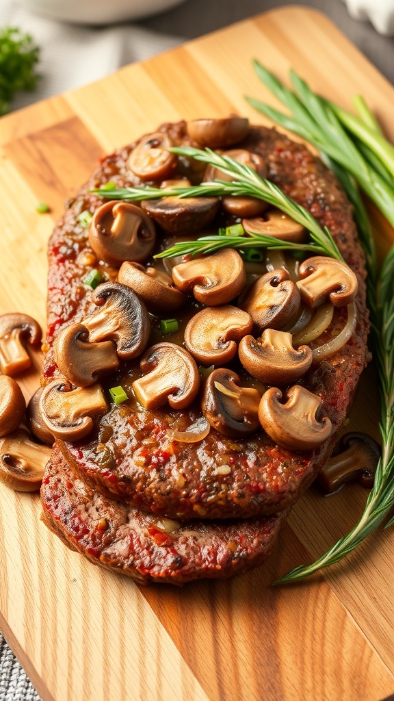 A delicious mushroom and onion meatloaf topped with sautéed mushrooms on a wooden cutting board.