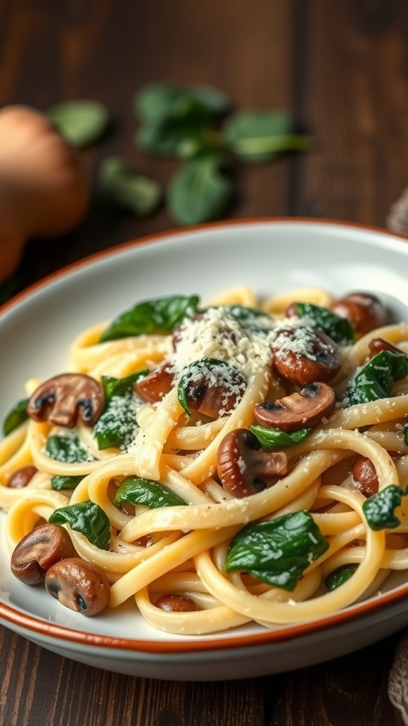 A plate of Mushroom and Spinach Fettuccine with grated Parmesan on top.