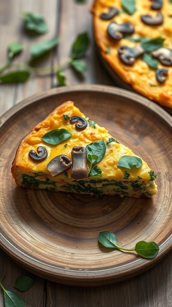 A slice of mushroom and spinach frittata on a wooden plate, garnished with fresh spinach leaves.