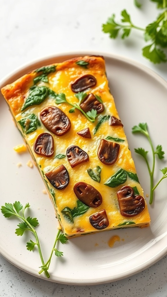 A slice of mushroom and spinach frittata on a plate, garnished with fresh herbs.