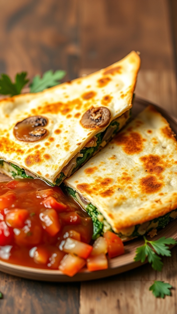 A plate of mushroom and spinach quesadilla served with salsa and diced tomatoes.