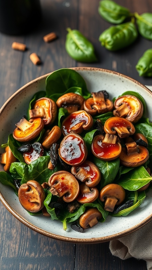 A bowl of mushroom and spinach salad with sautéed mushrooms and fresh spinach leaves.