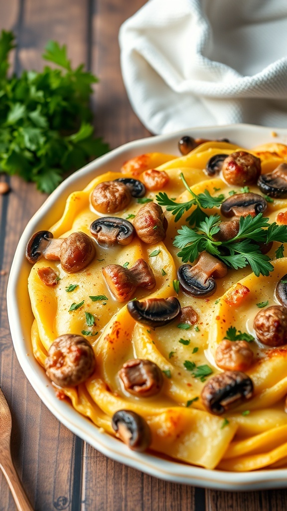 A delicious mushroom and Swiss breakfast casserole topped with fresh herbs.