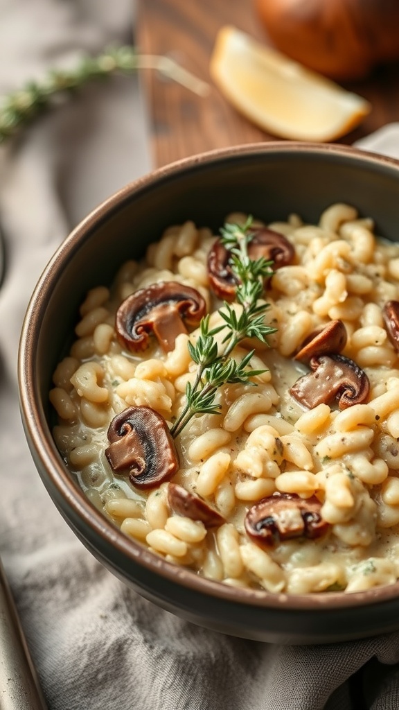 A bowl of creamy mushroom and thyme risotto garnished with thyme sprigs.