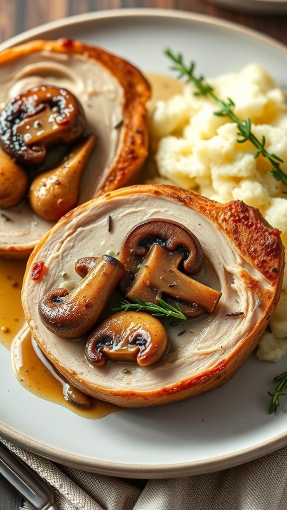 Mushroom and thyme stuffed pork chops served with mashed potatoes
