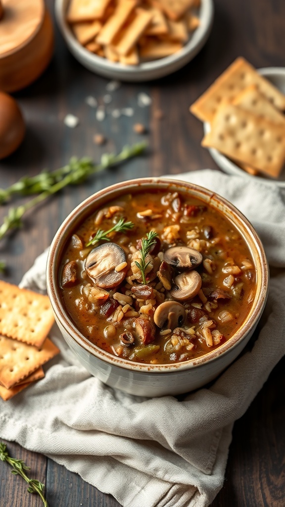 A bowl of Mushroom and Wild Rice Chili with crackers on the side.