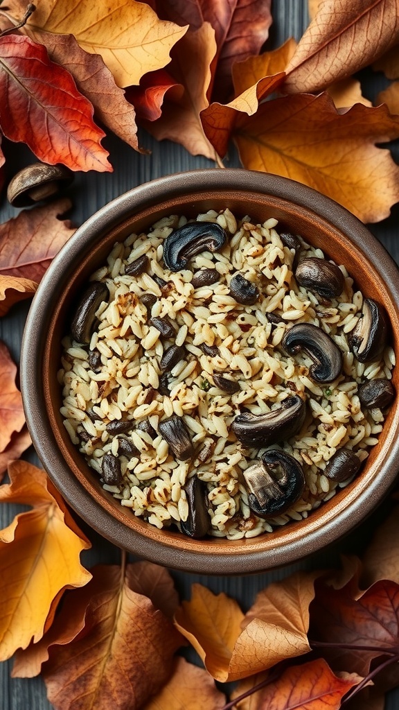 A bowl of mushroom and wild rice pilaf surrounded by autumn leaves.
