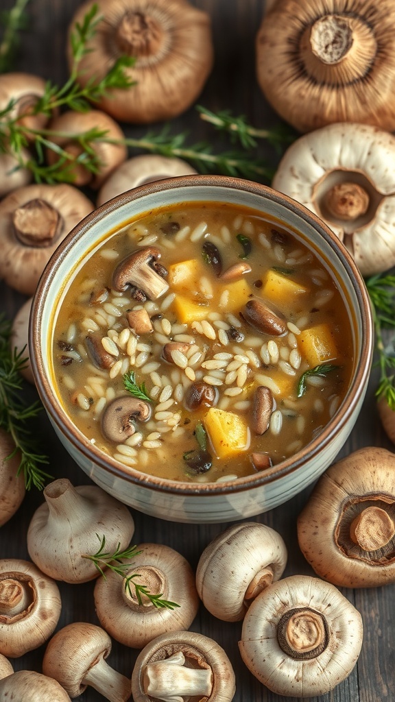 A bowl of mushroom and wild rice soup surrounded by fresh mushrooms