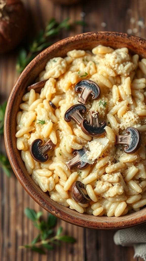 A bowl of creamy mushroom risotto topped with mushrooms and cheese.