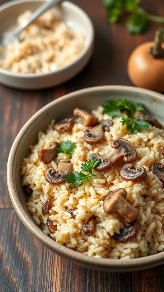 A bowl of mushroom risotto with fresh parsley on top, placed on a wooden table.