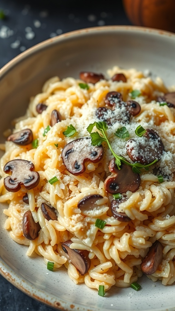 A bowl of creamy mushroom risotto topped with mushrooms and parsley.