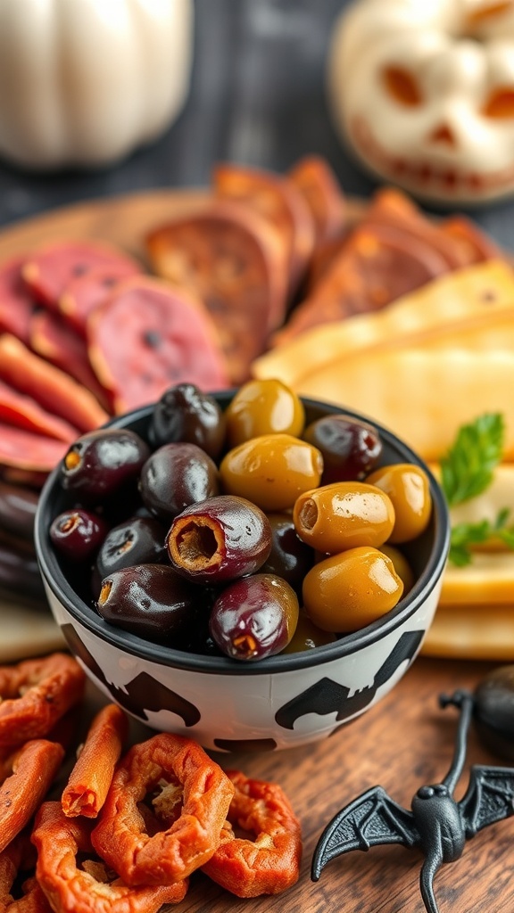 A bowl of marinated olives surrounded by various charcuterie items, including meats and cheeses, with Halloween decorations.